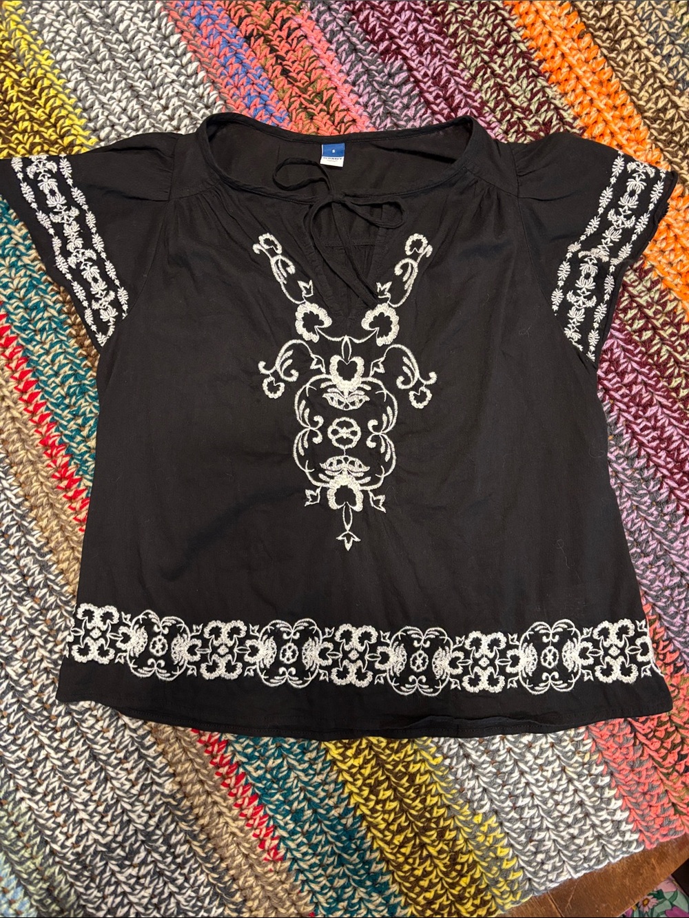 Old Navy Black Peasant Tunic with White Embroidery